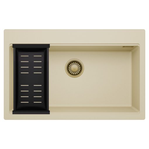 HD Infinity Beige 78 egymedencés gránit mosogatótálca szett, matt fekete csepegtetőkosárral, soft bézs színben, szálcsiszolt arany leeresztő szifonnal