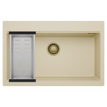 HD Infinity Beige 78 egymedencés gránit mosogatótálca szett, acél csepegtetőkosárral, soft bézs színben, szálcsiszolt arany leeresztő szifonnal