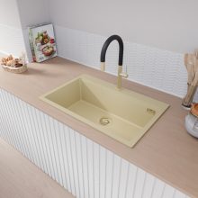 HD Infinity Beige 78 egymedencés gránit mosogatótálca, soft bézs színben, szálcsiszolt arany leeresztő szifonnal