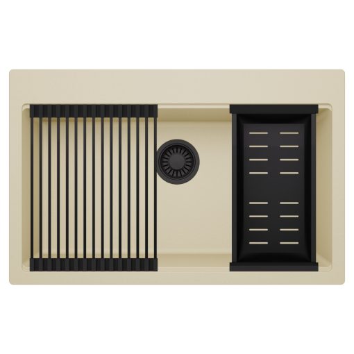 HD Infinity Beige 78 egymedencés gránit mosogatótálca szett, matt fekete csepegtetőráccsal és kosárral, soft bézs színben, matt fekete leeresztő szifonnal