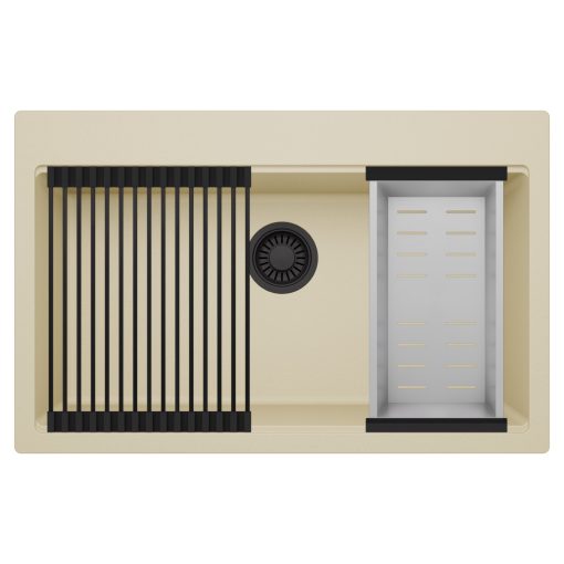 HD Infinity Beige 78 egymedencés gránit mosogatótálca szett, matt fekete csepegtetőráccsal és krómozott kosárral, soft bézs színben, matt fekete leeresztő szifonnal