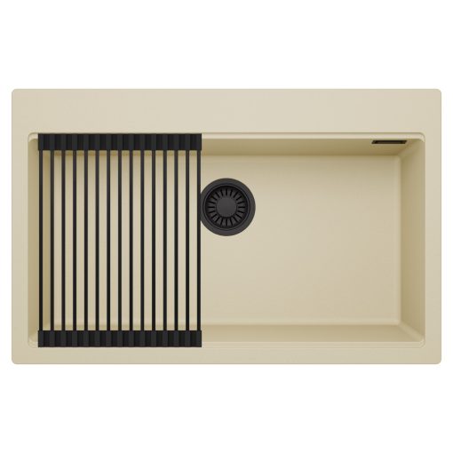 HD Infinity Beige 78 egymedencés gránit mosogatótálca szett, matt fekete csepegtetőráccsal, soft bézs színben, matt fekete leeresztő szifonnal