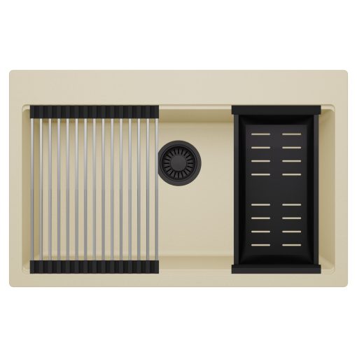 HD Infinity Beige 78 egymedencés gránit mosogatótálca szett, acél csepegtetőráccsal és matt fekete kosárral, soft bézs színben, matt fekete leeresztő szifonnal