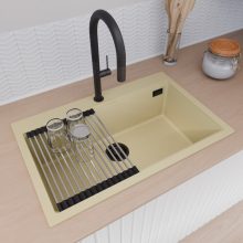 HD Infinity Beige 78 egymedencés gránit mosogatótálca szett, acél csepegtetőráccsal és matt fekete kosárral, soft bézs színben, matt fekete leeresztő szifonnal