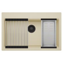 HD Infinity Beige 78 egymedencés gránit mosogatótálca szett, acél csepegtetőráccsal és kosárral, soft bézs színben, matt fekete leeresztő szifonnal