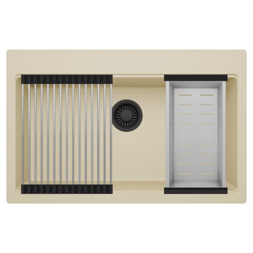 HD Infinity Beige 78 egymedencés gránit mosogatótálca szett, acél csepegtetőráccsal és kosárral, soft bézs színben, matt fekete leeresztő szifonnal