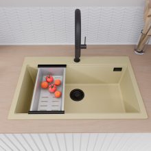 HD Infinity Beige 78 egymedencés gránit mosogatótálca szett, acél csepegtetőráccsal és kosárral, soft bézs színben, matt fekete leeresztő szifonnal