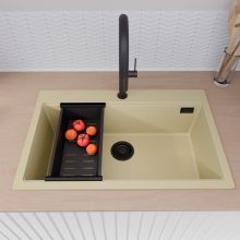 HD Infinity Beige 78 egymedencés gránit mosogatótálca szett, vágódeszkával, matt fekete csepegtetőráccsal és kosárral, soft bézs színben, matt fekete leeresztő szifonnal