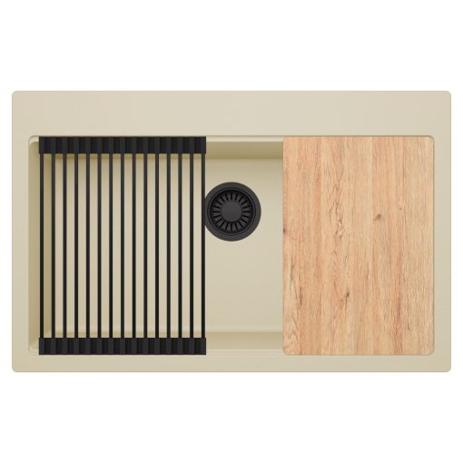HD Infinity Beige 78 egymedencés gránit mosogatótálca szett, vágódeszkával, matt fekete csepegtetőráccsal, soft bézs színben, matt fekete leeresztő szifonnal