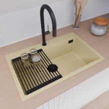 HD Infinity Beige 78 egymedencés gránit mosogatótálca szett, vágódeszkával, matt fekete csepegtetőráccsal, soft bézs színben, matt fekete leeresztő szifonnal