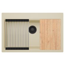 HD Infinity Beige 78 egymedencés gránit mosogatótálca szett, vágódeszkával, acél csepegtetőráccsal, soft bézs színben, matt fekete leeresztő szifonnal