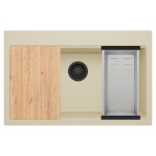 HD Infinity Beige 78 egymedencés gránit mosogatótálca szett, vágódeszkával, acél csepegtetőkosárral, soft bézs színben, matt fekete leeresztő szifonnal