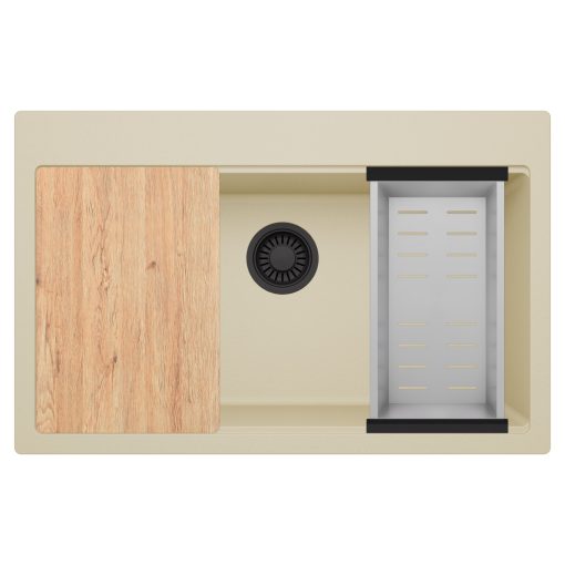 HD Infinity Beige 78 egymedencés gránit mosogatótálca szett, vágódeszkával, acél csepegtetőkosárral, soft bézs színben, matt fekete leeresztő szifonnal