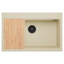 HD Infinity Beige 78 egymedencés gránit mosogatótálca, vágódeszkával, soft bézs színben, matt fekete leeresztő szifonnal