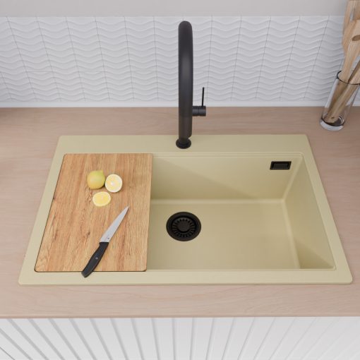 HD Infinity Beige 78 egymedencés gránit mosogatótálca, vágódeszkával, soft bézs színben, matt fekete leeresztő szifonnal