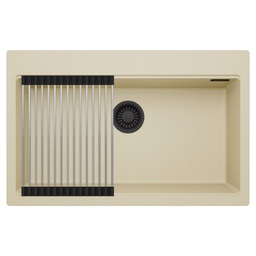 HD Infinity Beige 78 egymedencés gránit mosogatótálca szett, acél csepegtetőráccsal, soft bézs színben, matt fekete leeresztő szifonnal