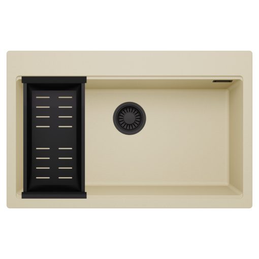 HD Infinity Beige 78 egymedencés gránit mosogatótálca szett, matt fekete csepegtetőkosárral, soft bézs színben, matt fekete leeresztő szifonnal