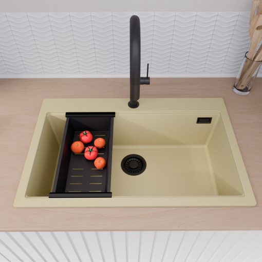 HD Infinity Beige 78 egymedencés gránit mosogatótálca szett, matt fekete csepegtetőkosárral, soft bézs színben, matt fekete leeresztő szifonnal