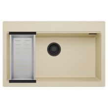 HD Infinity Beige 78 egymedencés gránit mosogatótálca szett, acél csepegtetőkosárral, soft bézs színben, matt fekete leeresztő szifonnal