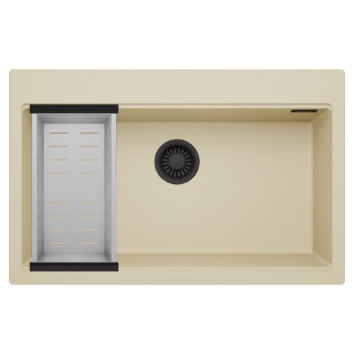 HD Infinity Beige 78 egymedencés gránit mosogatótálca szett, acél csepegtetőkosárral, soft bézs színben, matt fekete leeresztő szifonnal