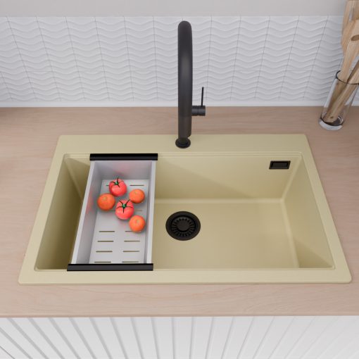 HD Infinity Beige 78 egymedencés gránit mosogatótálca szett, acél csepegtetőkosárral, soft bézs színben, matt fekete leeresztő szifonnal