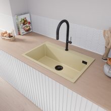 HD Infinity Beige 78 egymedencés gránit mosogatótálca, soft bézs színben, matt fekete leeresztő szifonnal