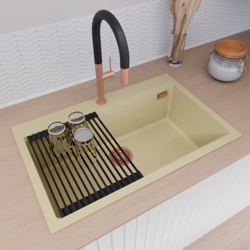 HD Infinity Beige 78 egymedencés gránit mosogatótálca szett, matt fekete csepegtetőráccsal és kosárral, soft bézs színben, szálcsiszolt réz leeresztő szifonnal