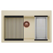 HD Infinity Beige 78 egymedencés gránit mosogatótálca szett, matt fekete csepegtetőráccsal és krómozott kosárral, soft bézs színben, szálcsiszolt réz leeresztő szifonnal