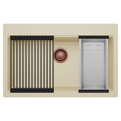 HD Infinity Beige 78 egymedencés gránit mosogatótálca szett, matt fekete csepegtetőráccsal és krómozott kosárral, soft bézs színben, szálcsiszolt réz leeresztő szifonnal