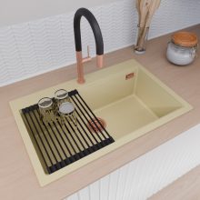 HD Infinity Beige 78 egymedencés gránit mosogatótálca szett, matt fekete csepegtetőráccsal és krómozott kosárral, soft bézs színben, szálcsiszolt réz leeresztő szifonnal