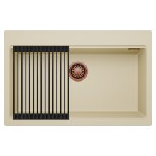 HD Infinity Beige 78 egymedencés gránit mosogatótálca szett, matt fekete csepegtetőráccsal, soft bézs színben, szálcsiszolt réz leeresztő szifonnal