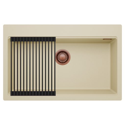 HD Infinity Beige 78 egymedencés gránit mosogatótálca szett, matt fekete csepegtetőráccsal, soft bézs színben, szálcsiszolt réz leeresztő szifonnal