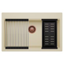 HD Infinity Beige 78 egymedencés gránit mosogatótálca szett, acél csepegtetőráccsal és matt fekete kosárral, soft bézs színben, szálcsiszolt réz leeresztő szifonnal