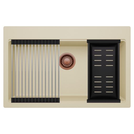 HD Infinity Beige 78 egymedencés gránit mosogatótálca szett, acél csepegtetőráccsal és matt fekete kosárral, soft bézs színben, szálcsiszolt réz leeresztő szifonnal