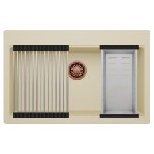 HD Infinity Beige 78 egymedencés gránit mosogatótálca szett, acél csepegtetőráccsal és kosárral, soft bézs színben, szálcsiszolt réz leeresztő szifonnal