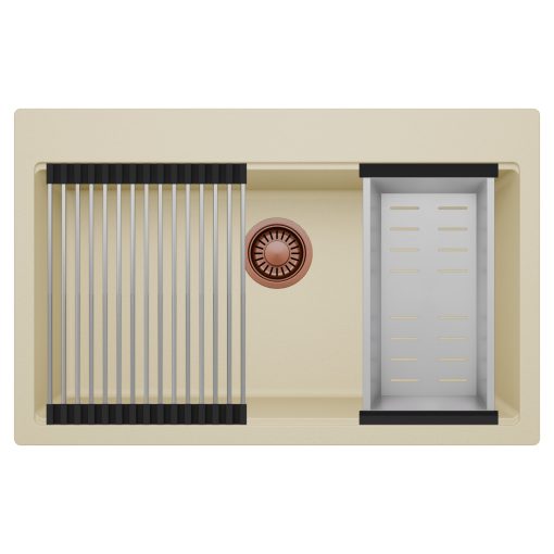HD Infinity Beige 78 egymedencés gránit mosogatótálca szett, acél csepegtetőráccsal és kosárral, soft bézs színben, szálcsiszolt réz leeresztő szifonnal