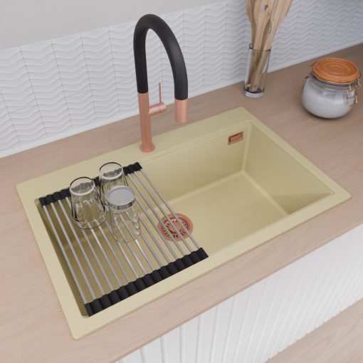 HD Infinity Beige 78 egymedencés gránit mosogatótálca szett, acél csepegtetőráccsal és kosárral, soft bézs színben, szálcsiszolt réz leeresztő szifonnal