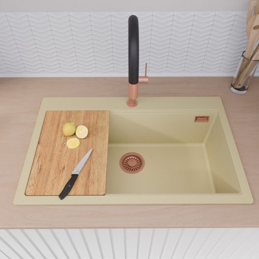 HD Infinity Beige 78 egymedencés gránit mosogatótálca szett, vágódeszkával, matt fekete csepegtetőráccsal és krómozott kosárral, soft bézs színben, szálcsiszolt réz leeresztő szifonnal