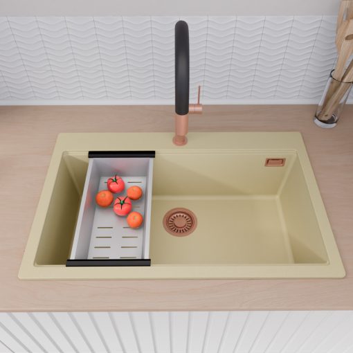 HD Infinity Beige 78 egymedencés gránit mosogatótálca szett, vágódeszkával, matt fekete csepegtetőráccsal és krómozott kosárral, soft bézs színben, szálcsiszolt réz leeresztő szifonnal