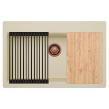 HD Infinity Beige 78 egymedencés gránit mosogatótálca szett, vágódeszkával, matt fekete csepegtetőráccsal, soft bézs színben, szálcsiszolt réz leeresztő szifonnal