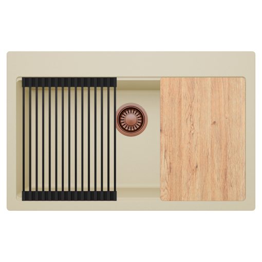 HD Infinity Beige 78 egymedencés gránit mosogatótálca szett, vágódeszkával, matt fekete csepegtetőráccsal, soft bézs színben, szálcsiszolt réz leeresztő szifonnal