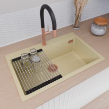 HD Infinity Beige 78 egymedencés gránit mosogatótálca szett, vágódeszkával, acél csepegtetőráccsal és matt fekete kosárral, soft bézs színben, szálcsiszolt réz leeresztő szifonnal