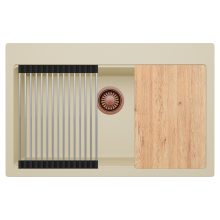 HD Infinity Beige 78 egymedencés gránit mosogatótálca szett, vágódeszkával, acél csepegtetőráccsal, soft bézs színben, szálcsiszolt réz leeresztő szifonnal