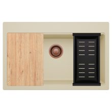 HD Infinity Beige 78 egymedencés gránit mosogatótálca szett, vágódeszkával, matt fekete csepegtetőkosárral, soft bézs színben, szálcsiszolt réz leeresztő szifonnal