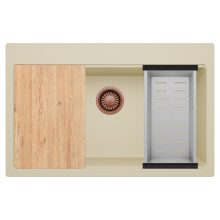 HD Infinity Beige 78 egymedencés gránit mosogatótálca szett, vágódeszkával, acél csepegtetőkosárral, soft bézs színben, szálcsiszolt réz leeresztő szifonnal