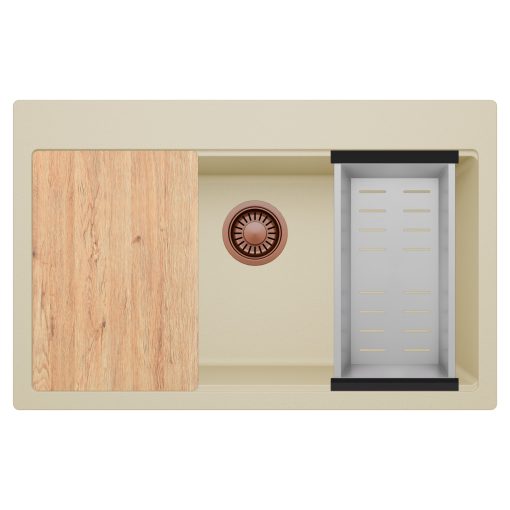 HD Infinity Beige 78 egymedencés gránit mosogatótálca szett, vágódeszkával, acél csepegtetőkosárral, soft bézs színben, szálcsiszolt réz leeresztő szifonnal
