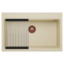 HD Infinity Beige 78 egymedencés gránit mosogatótálca szett, acél csepegtetőráccsal, soft bézs színben, szálcsiszolt réz leeresztő szifonnal