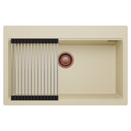 HD Infinity Beige 78 egymedencés gránit mosogatótálca szett, acél csepegtetőráccsal, soft bézs színben, szálcsiszolt réz leeresztő szifonnal