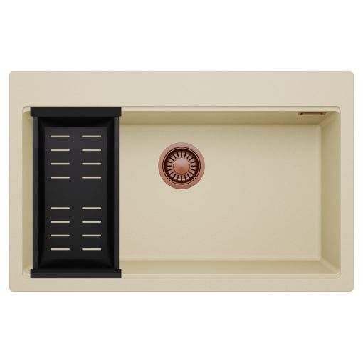 HD Infinity Beige 78 egymedencés gránit mosogatótálca szett, matt fekete csepegtetőkosárral, soft bézs színben, szálcsiszolt réz leeresztő szifonnal