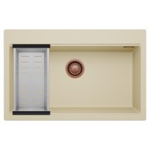 HD Infinity Beige 78 egymedencés gránit mosogatótálca szett, acél csepegtetőkosárral, soft bézs színben, szálcsiszolt réz leeresztő szifonnal